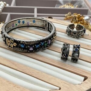 Elegant Silver Bracelet earrings and Ring Set with Blue and Purple Accents